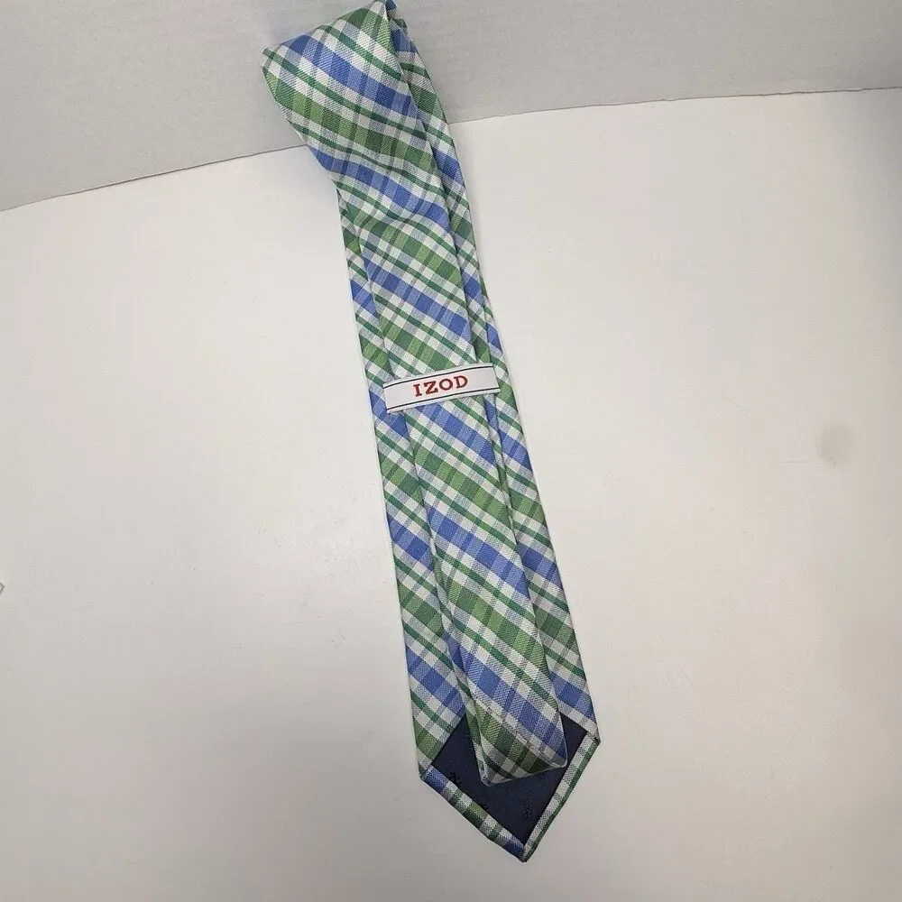 IZOD Green Blue And White Plaid 100% Silk Neck Tie